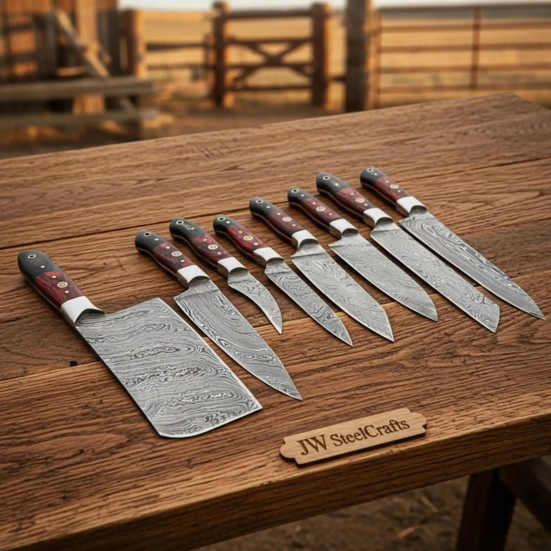 Eight-piece handmade Damascus steel chef knife set by JW SteelCrafts including a wide-blade traditional cleaver and six precision chef knives, all with red and black Pakka wood handles, brass rivets, and polished steel bolsters, arranged on a weathered wooden table in warm outdoor light