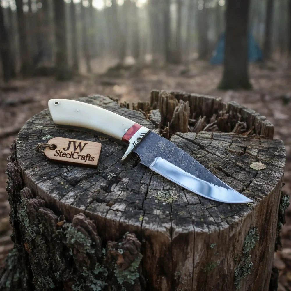 Mirror blade custom hunting knife with an ivory handle and metal guard photographed in a forest setting.