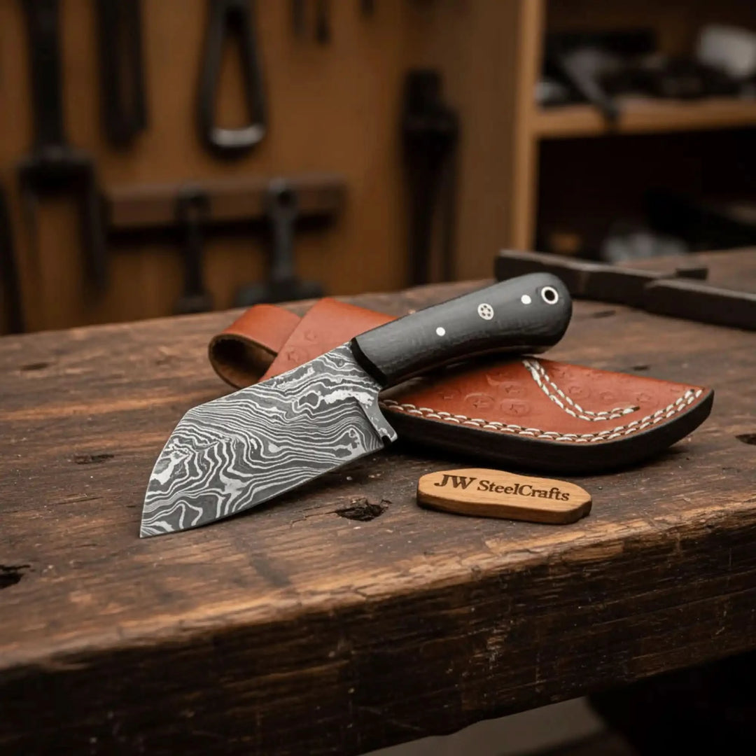 Traditional leather sheath skinner knife with Damascus blade and black handle