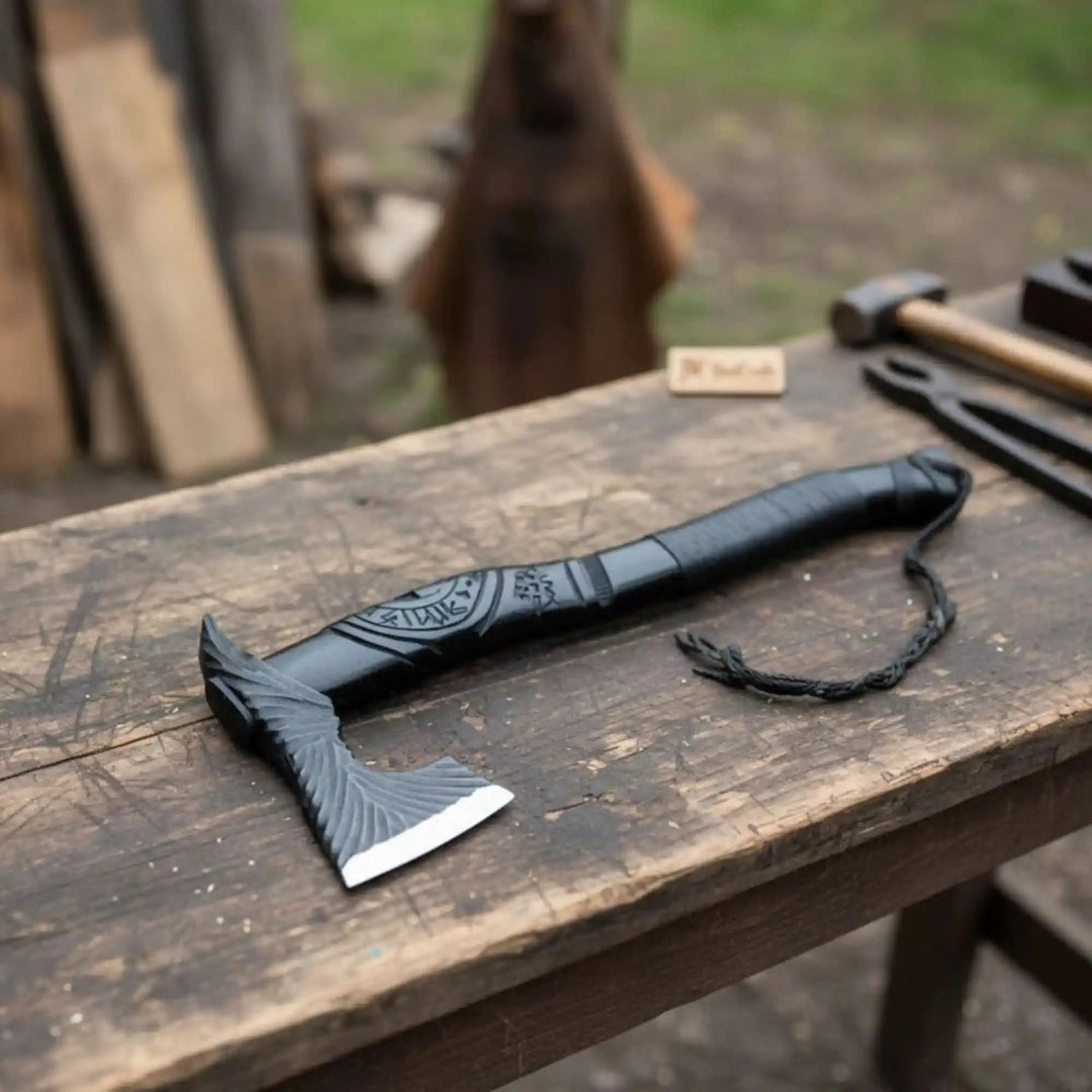 Valeclaw-themed Norse survival weapon displaying intricate axe engravings and compact tactical camping design.