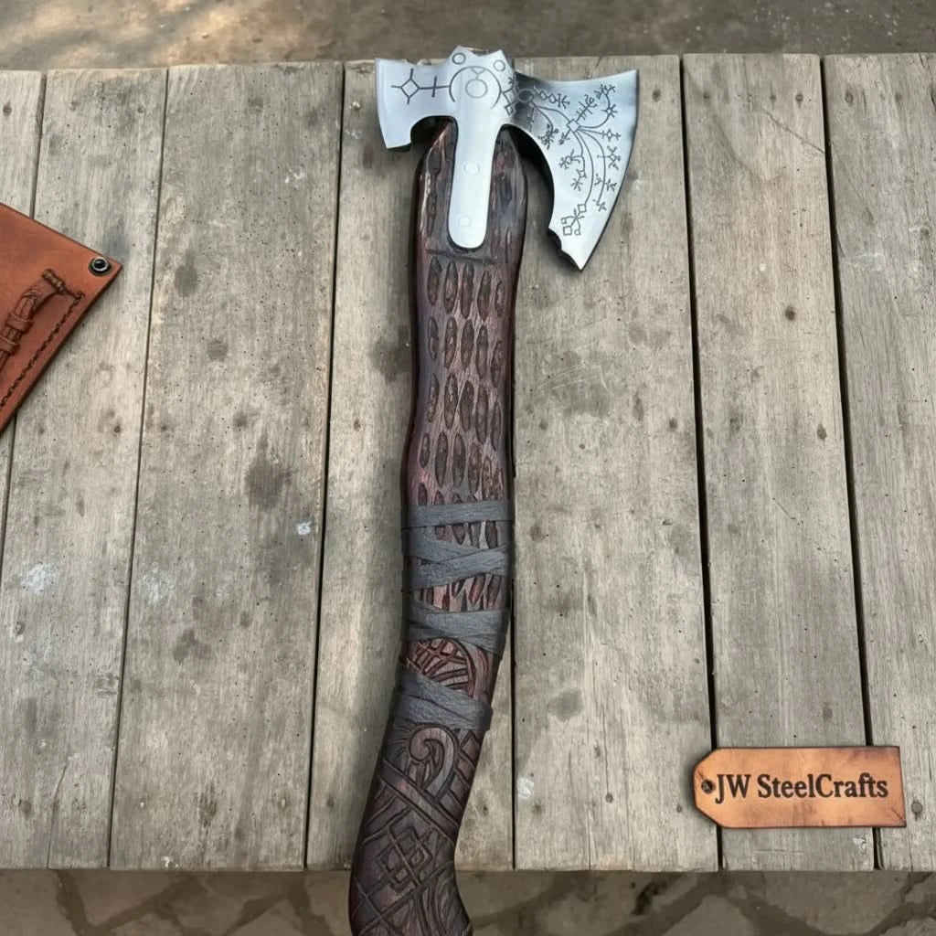 Xenon-inspired Nordic war axe featuring polished steel blade and detailed leather sheath craftsmanship.