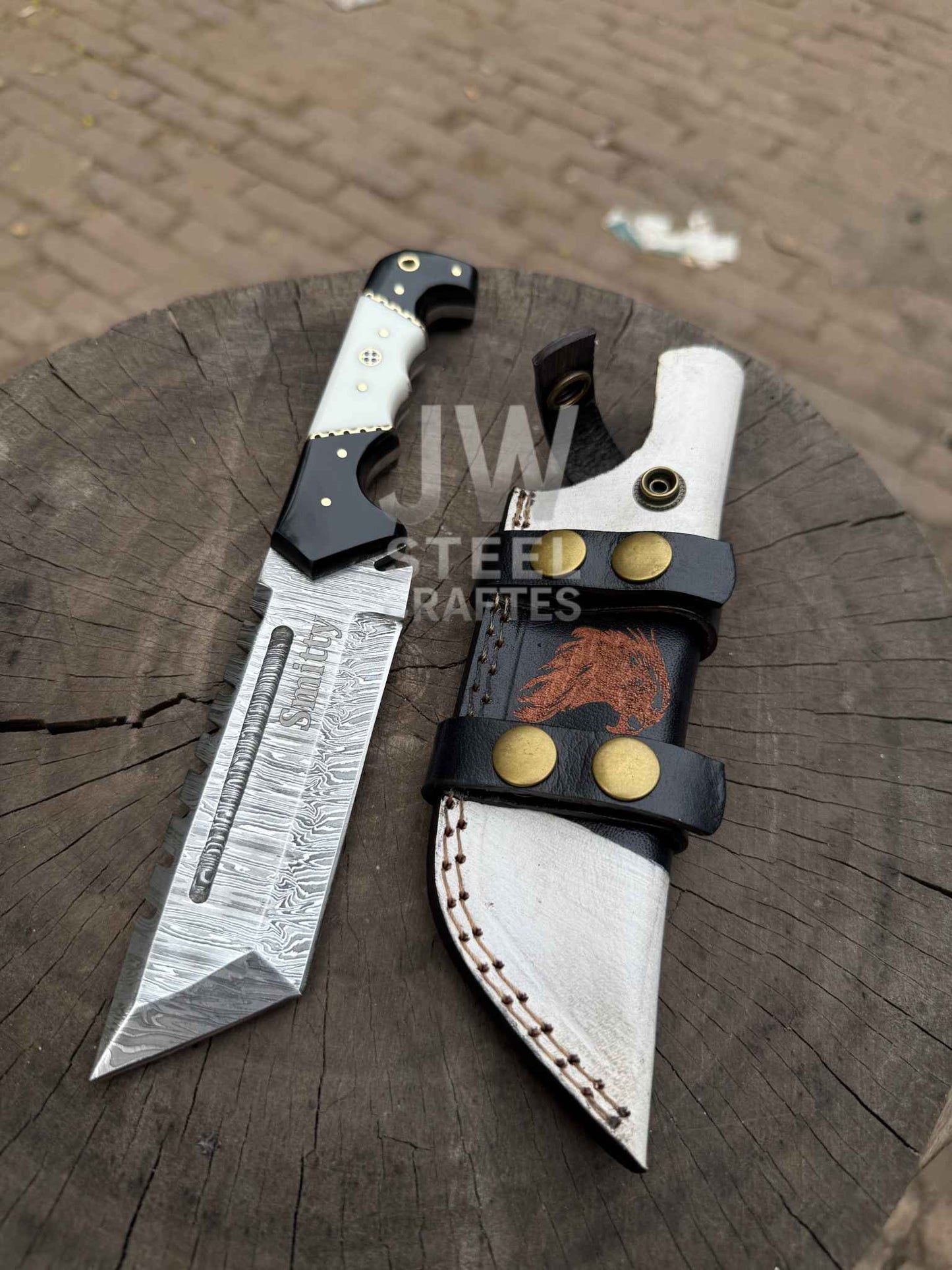 Handmade Damascus Tanto Knife – Black & White Handle with Wolf engraved Leather Sheath