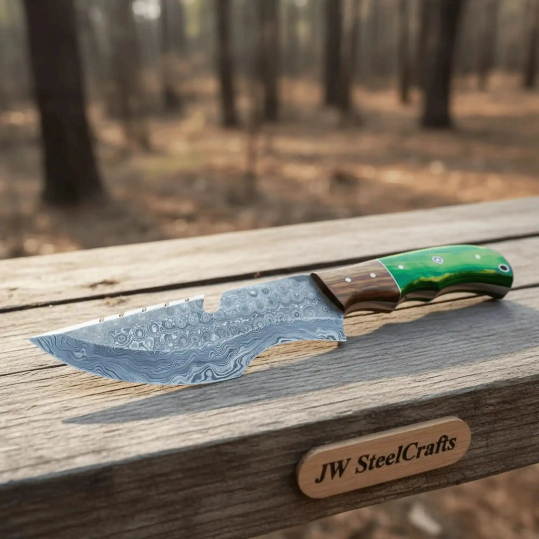Green handle Damascus cleaver knife with a patterned blade displayed on a weathered wooden rail in a forest setting.