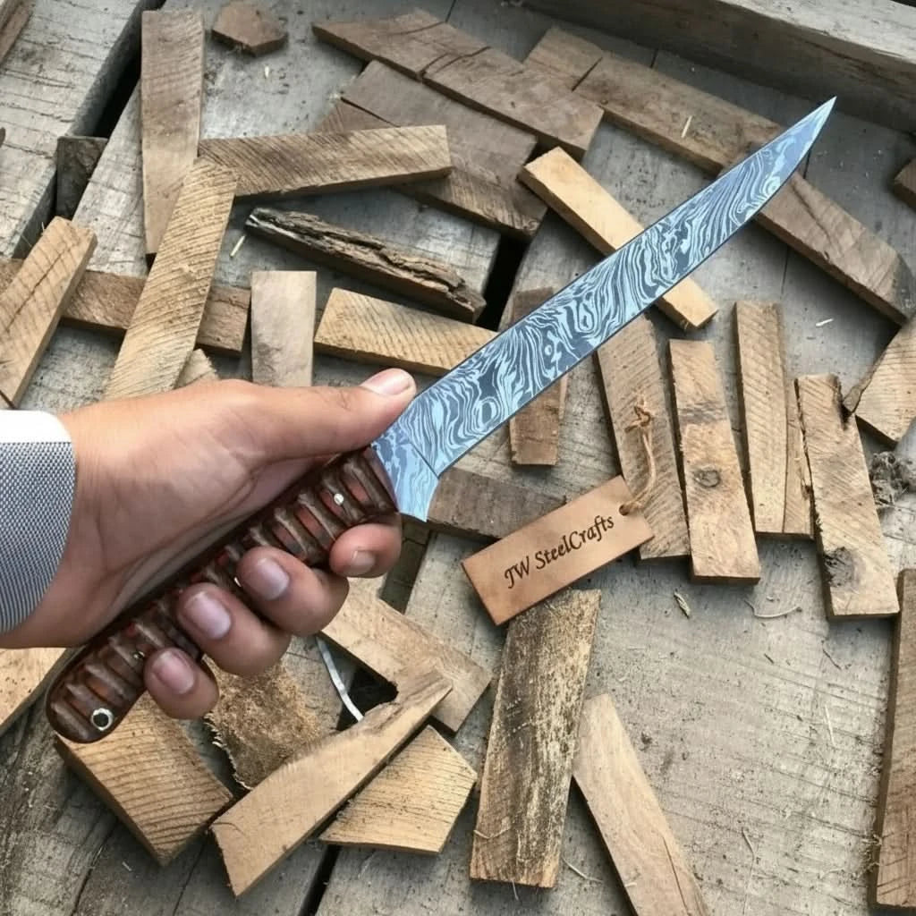 Ribbed handle Damascus slicing knife held in hand with lanyard hole at the end