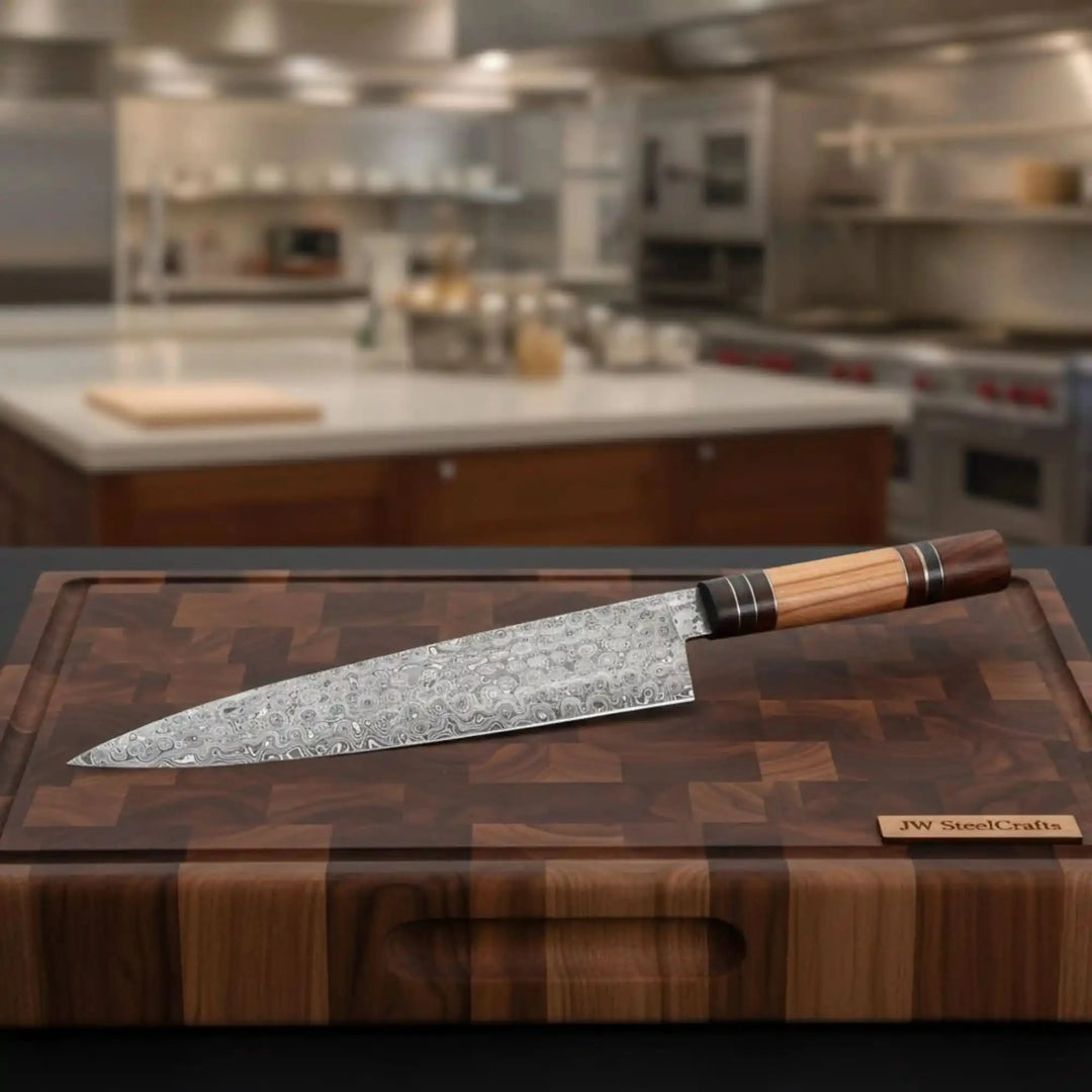 Striped handle Damascus kitchen blade with patterned steel and dark end caps