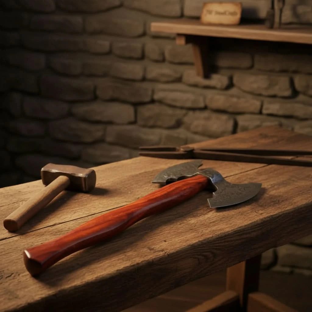     Artisan blacksmith Damascus axe displayed on rustic woodworking bench with traditional metalworking tools nearby.