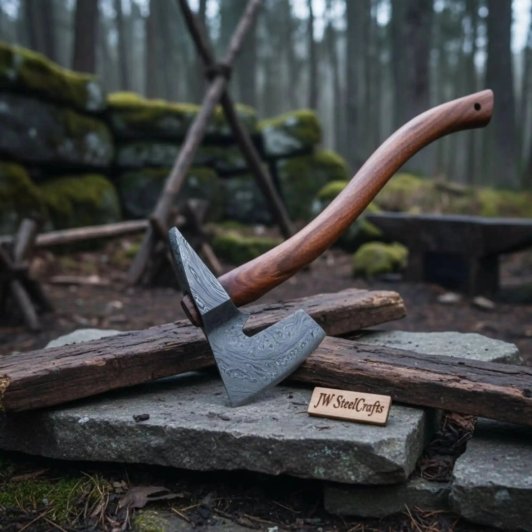 Yellow-inspired Viking handcrafted tool showcasing polished steel craftsmanship and ergonomic wooden handle.