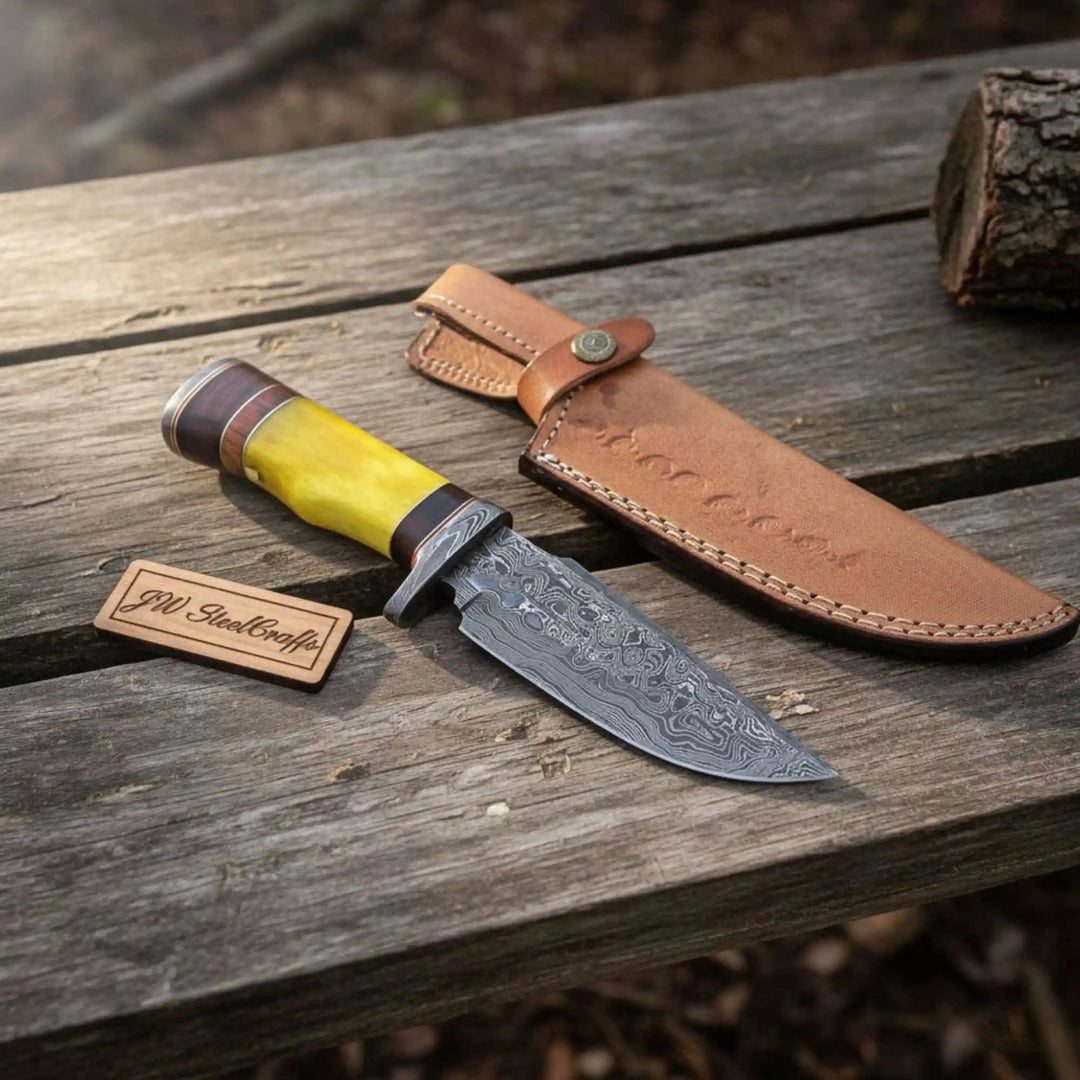 Custom fixed blade knife with yellow grip, wood bolster accents, Damascus pattern blade, and leather sheath.