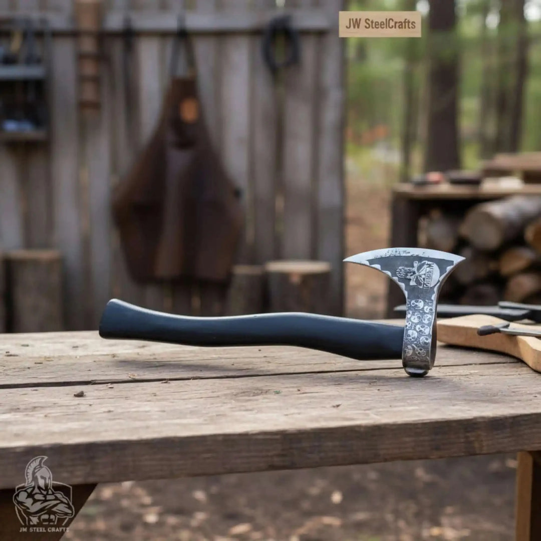 Zephyrthorn-themed Norse war axe showcasing curved engraved blade and handcrafted outdoor craftsmanship.
