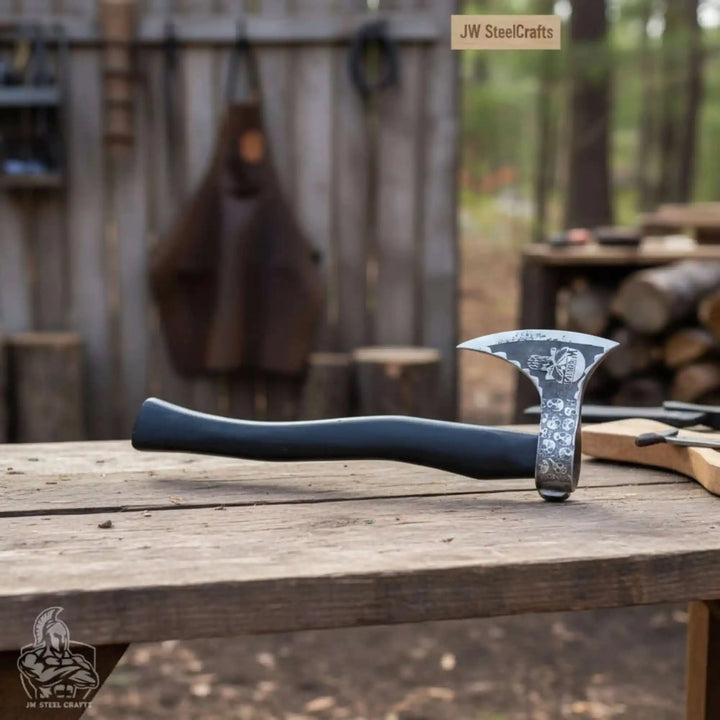 Zephyrthorn-themed Norse war axe showcasing curved engraved blade and handcrafted outdoor craftsmanship.