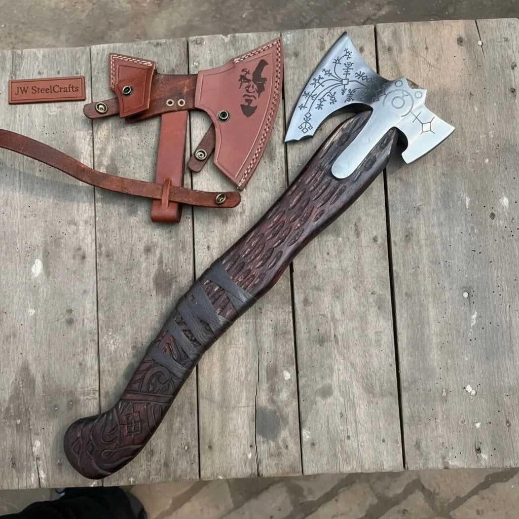 Zenith-style Norse rune hatchet showcasing decorative steel engravings and rustic leather accessories.