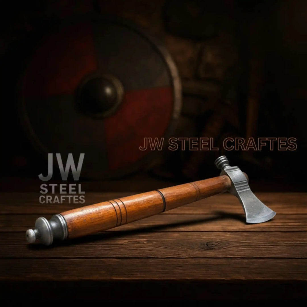 Youthful Damascus camping axe featuring artistic blade layering and curved polished wooden shaft.