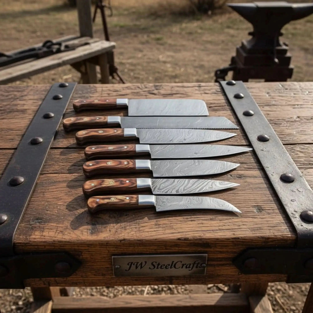 Handcrafted chef and paring knife arrangement showcasing multiple kitchen blade profiles and ergonomic grip curves.