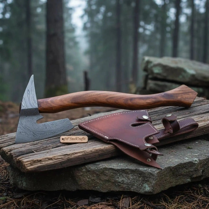 Amber-inspired Viking battle weapon featuring artistic steel engravings and handcrafted curved wood handle.