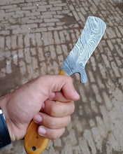 Load image into Gallery viewer, Damascus skinner knife with wood on handle.