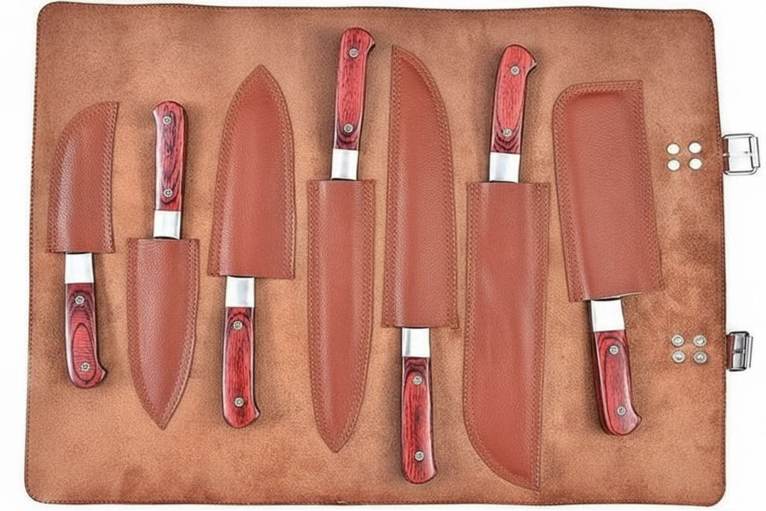 7-Piece Damascus Kitchen Knife Set with Leather Roll Replica