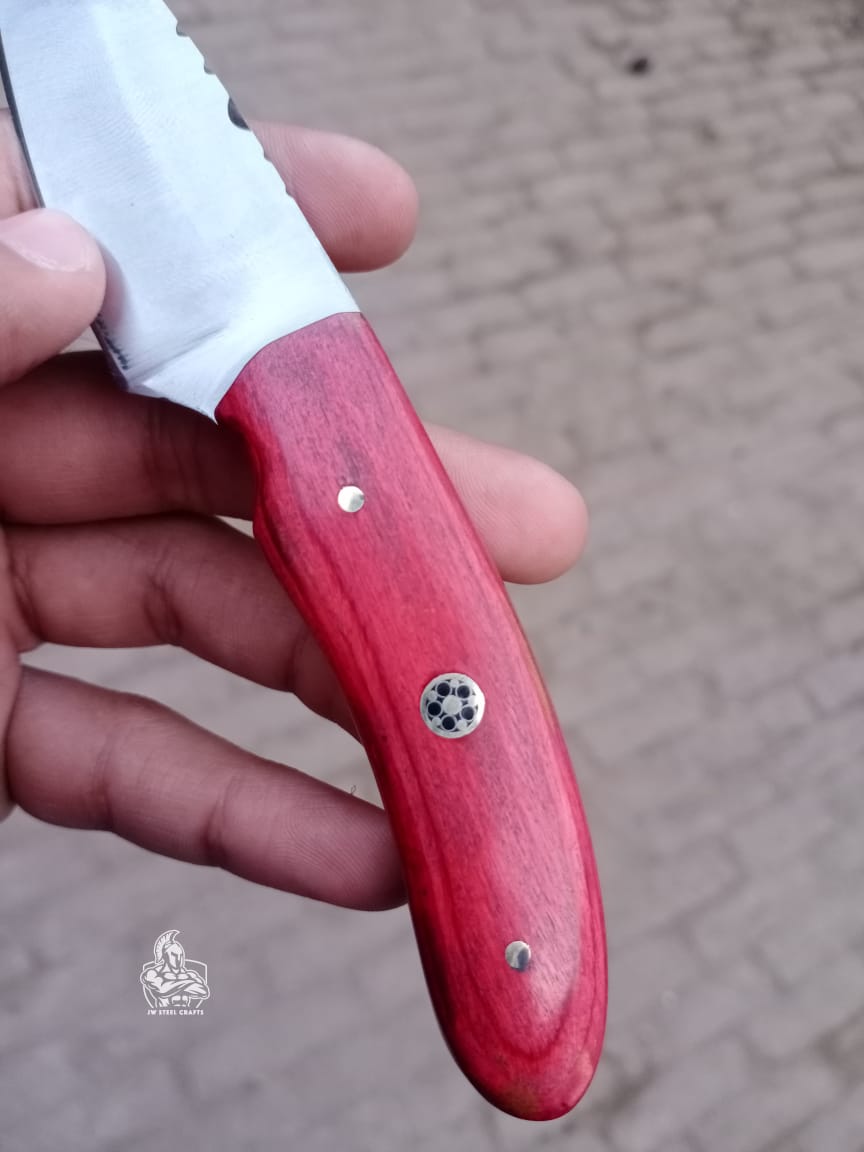 Handmade skinner knife with colour wood handle.