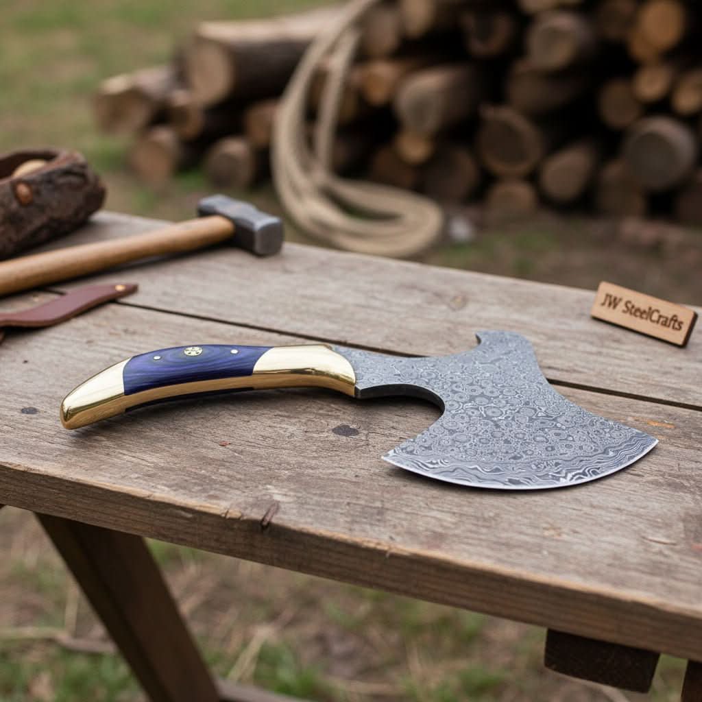 Bravo-themed Norse engraved hatchet featuring decorative Damascus blade textures and polished curved grip.