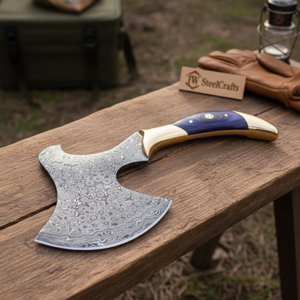 Delta-themed Nordic Damascus hatchet with curved ergonomic grip and decorative steel blade craftsmanship.