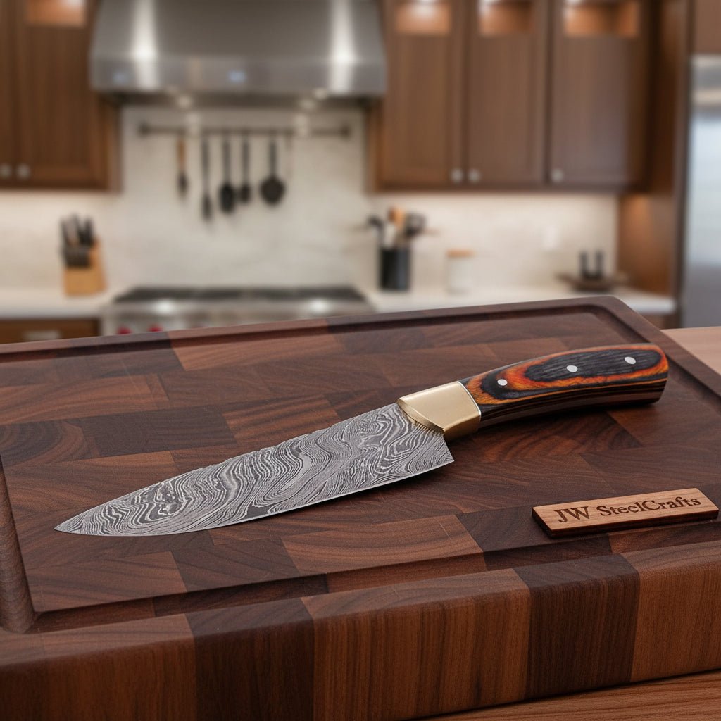 CUSTOM HAND FORGED DAMASCUS STEEL CHEF KNIFE W/ WOOD AND BRASS HAndle handmade Damascus Steel Chef Knives by JW SteelCrafts