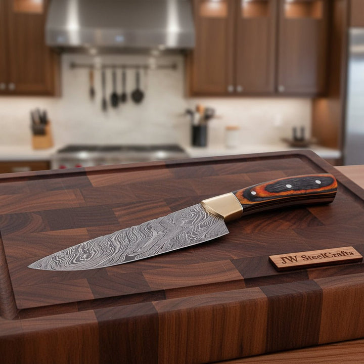 CUSTOM HAND FORGED DAMASCUS STEEL CHEF KNIFE W/ WOOD AND BRASS HAndle handmade Damascus Steel Chef Knives by JW SteelCrafts