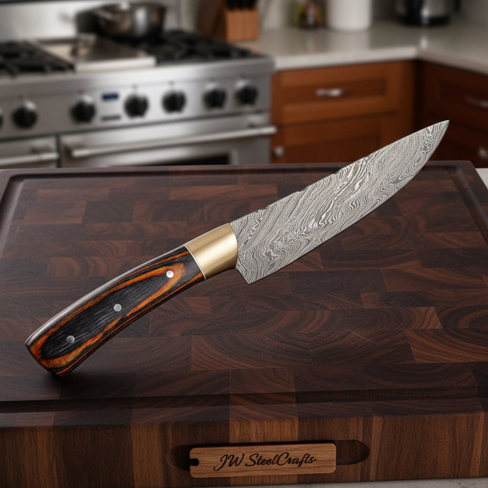 CUSTOM HAND FORGED DAMASCUS STEEL CHEF KNIFE W/ WOOD AND BRASS HAndle handmade Damascus Steel Chef Knives by JW SteelCrafts