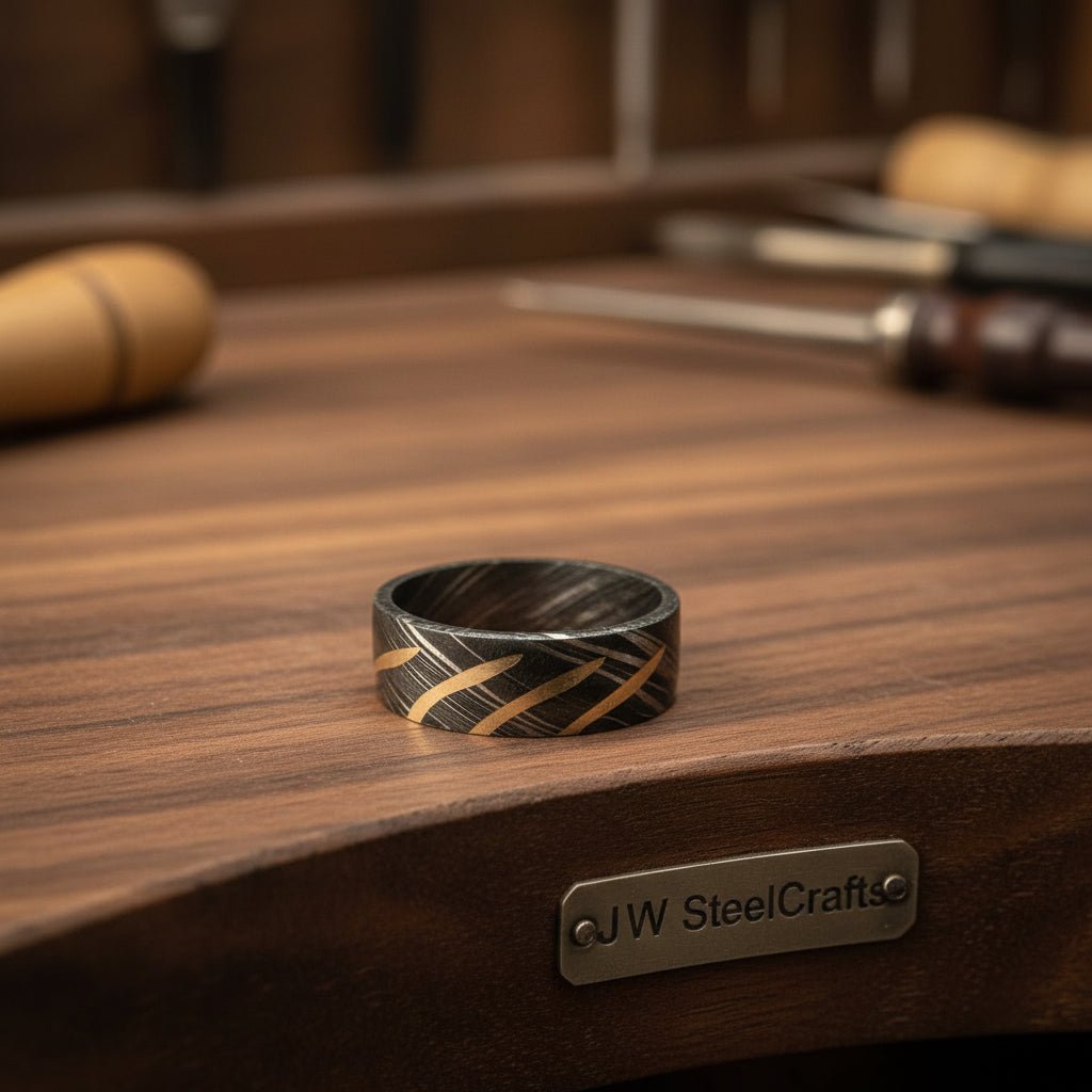 Custom handmade Damascus Knife - Beautiful Damascus steel ring Brass Filled/Perfect Gift DE - 005 handmade Metal rode for craft by JW SteelCrafts