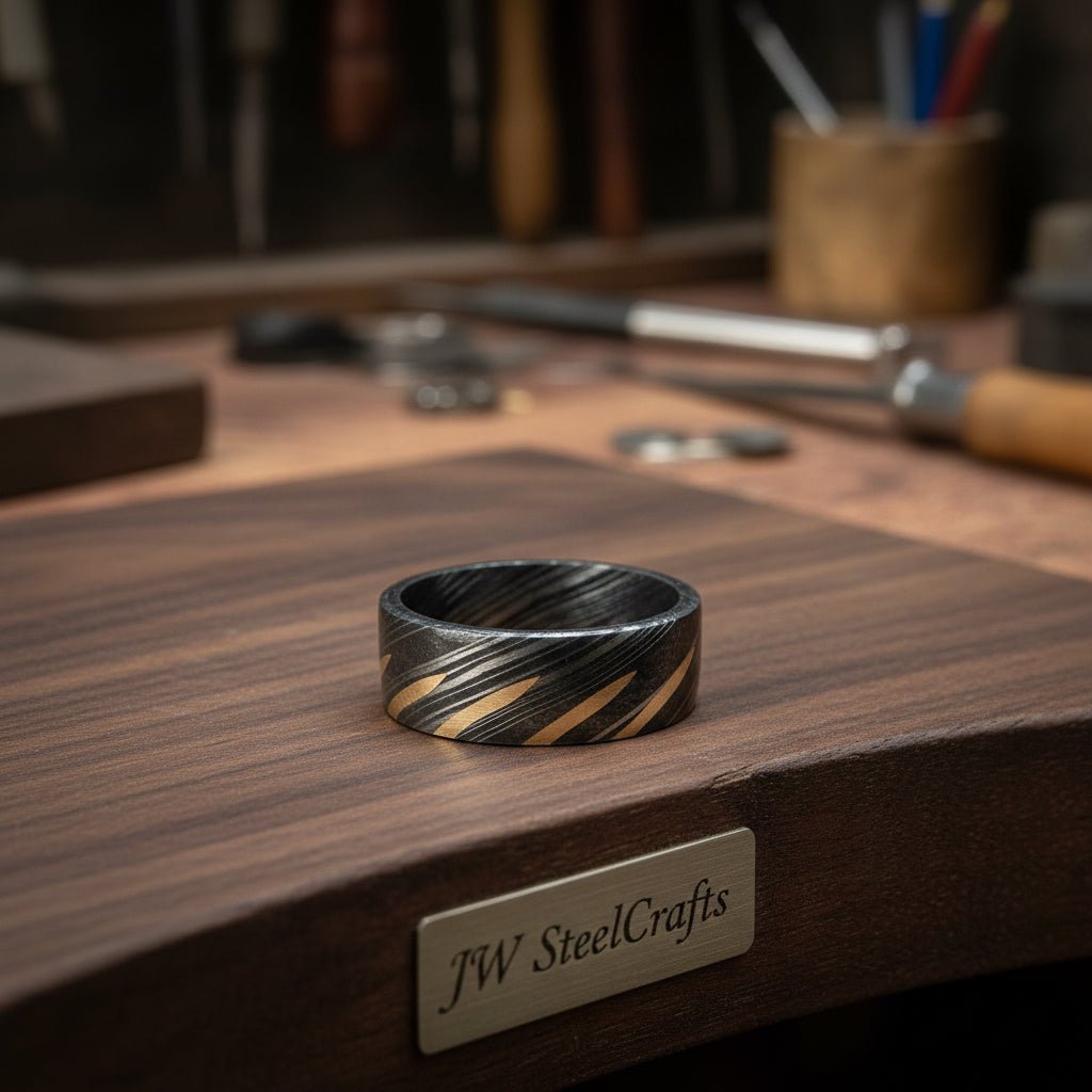Custom handmade Damascus Knife - Beautiful Damascus steel ring Brass Filled/Perfect Gift DE - 005 handmade Metal rode for craft by JW SteelCrafts