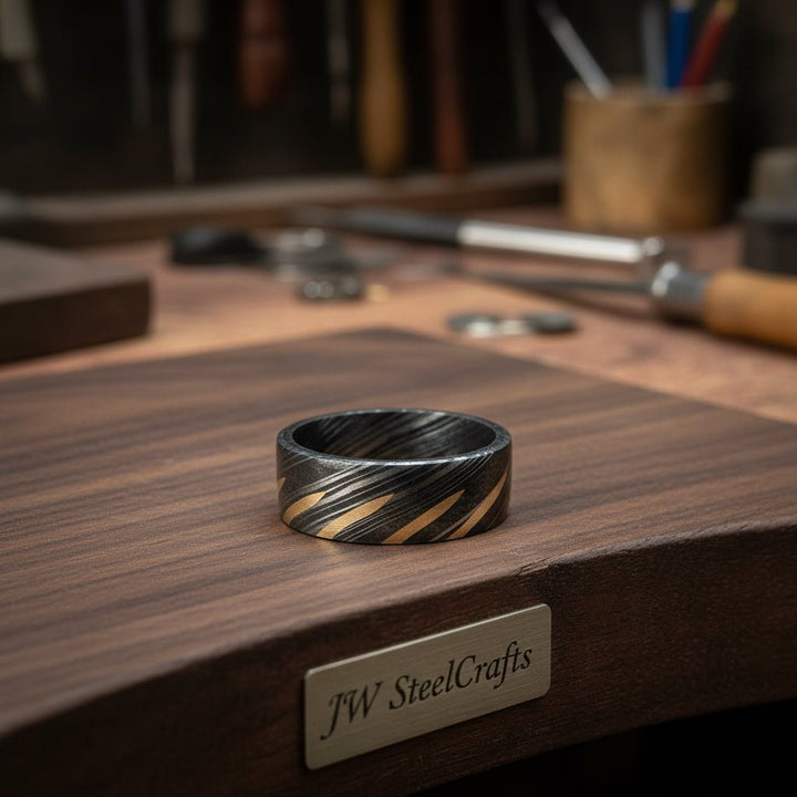 Custom handmade Damascus Knife - Beautiful Damascus steel ring Brass Filled/Perfect Gift DE - 005 handmade Metal rode for craft by JW SteelCrafts
