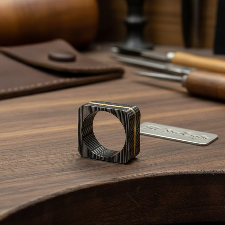 CUSTOM Handmade DAMASCUS Knife - Damascus Steel Brass Fuller Square Ring DE - 0082 handmade by JW SteelCrafts