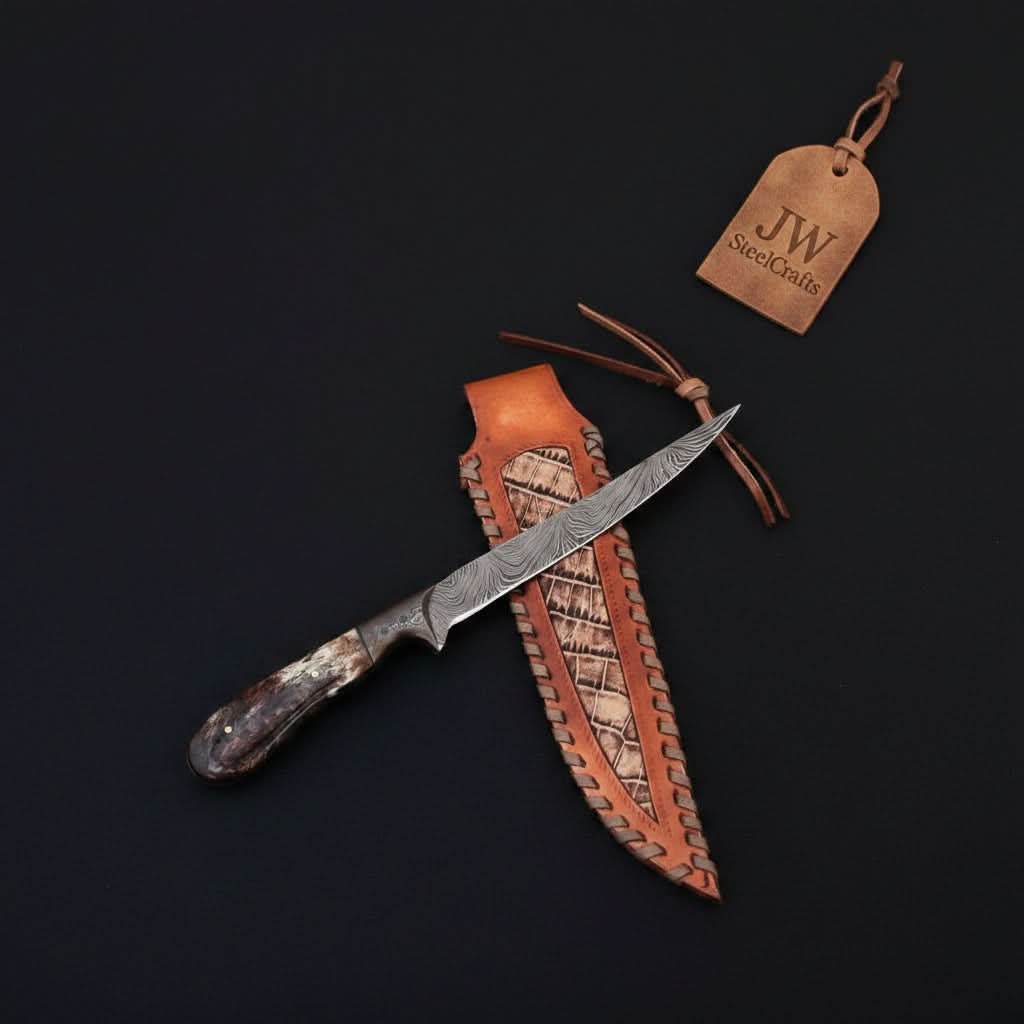 Custom Handmade Damascus Steel Boning Knife With Colour Bone Handle with Leather Sheath DK - 0045 handmade by JW SteelCrafts