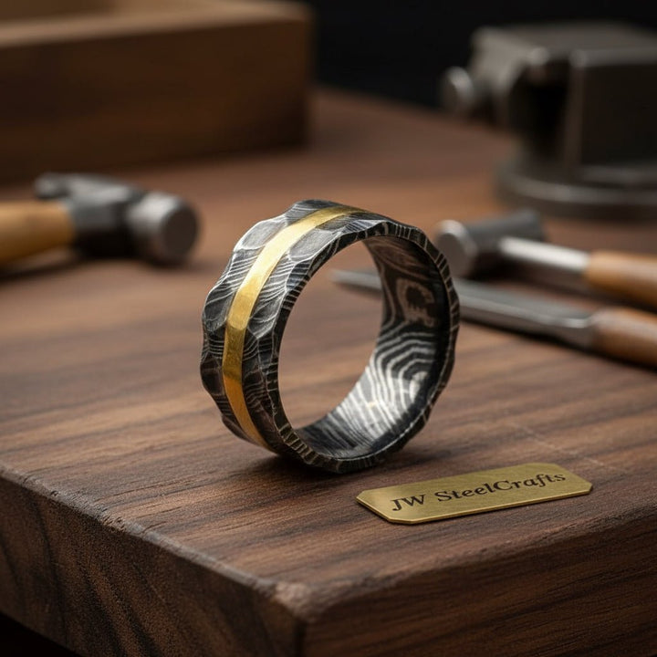 Custom Handmade Damascus Steel Brass Mixed Wedding Rings / Engagement Gift / Wedding Band /Perfect Gift DE - 0038 handmade Knife by JW SteelCrafts