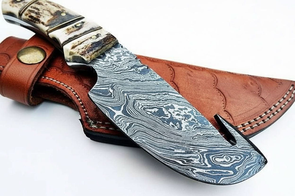 9' Handmade Damascus Skinner Knife with Stag Bone Handle and Gut Hook Blade handmade by JW SteelCrafts
