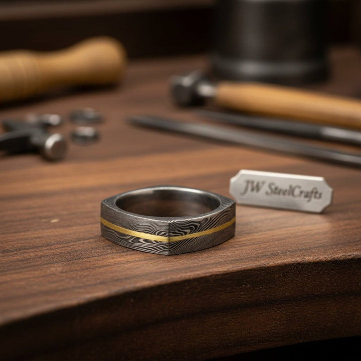 Custom Handmade Damascus Steel Wedding Ring/ Engagement Gift / Wedding Band /Perfect Gift DE - 0024 handmade Ring by JW SteelCrafts