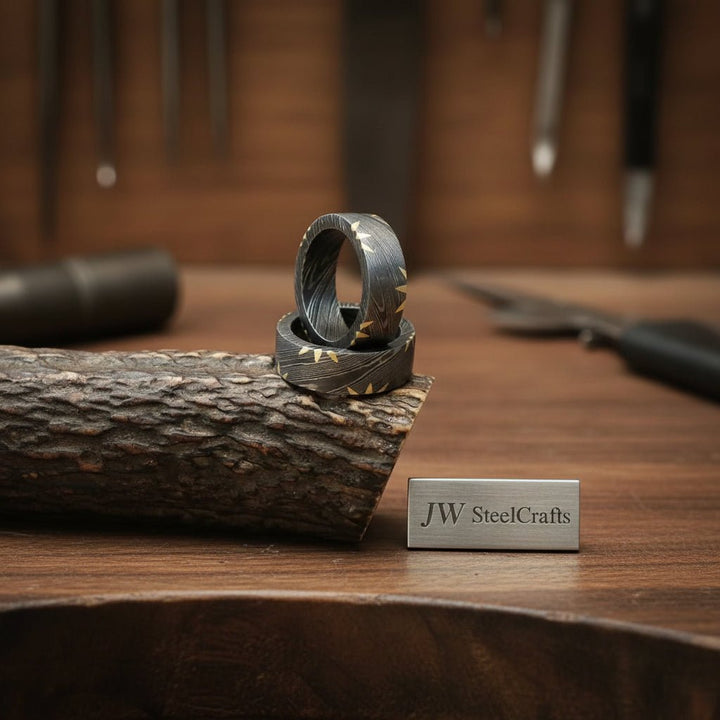 Custom Handmade Damascus Steel With Brass Mixed Wedding Ring Pair / Engagement Gift / Wedding Band /Perfect Gift DE - 0033 handmade Ring by JW SteelCrafts