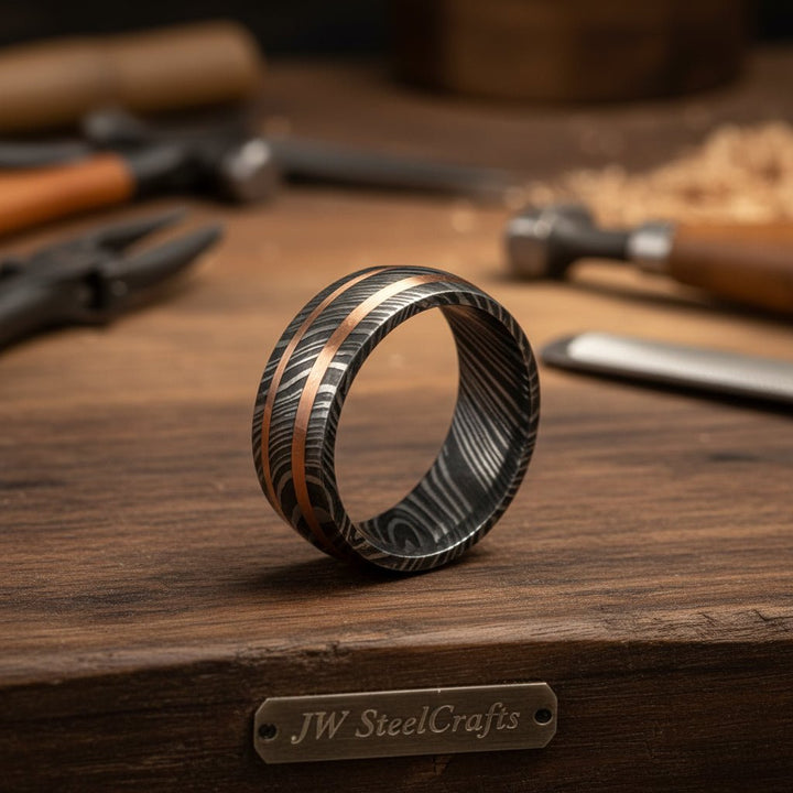 Custom Handmade Damascus Steel With Brass Wedding Ring/ Engagement Gift / Wedding Band /Perfect Gift DE - 0026 handmade Ring by JW SteelCrafts