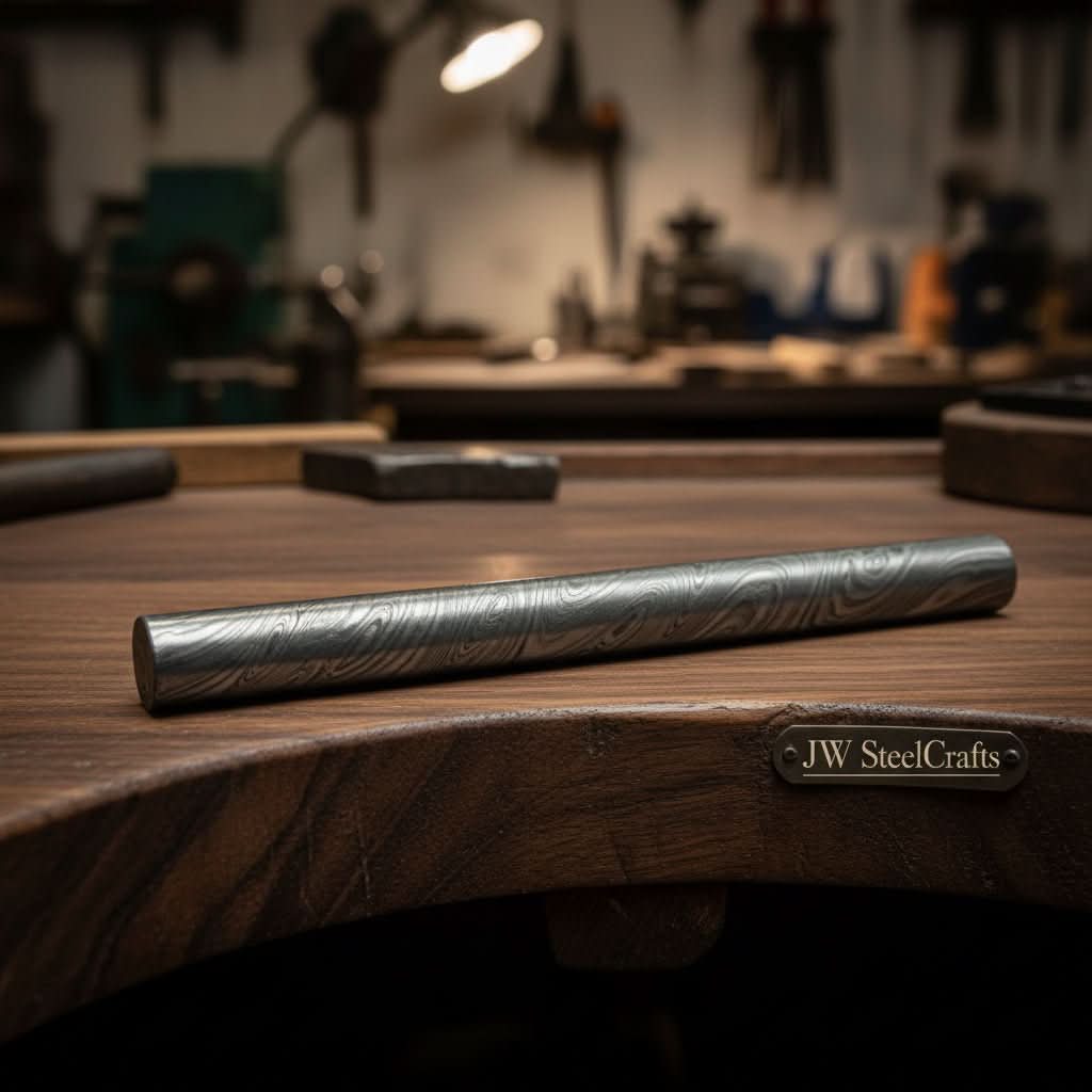 Damascus Steel Round Billet Rod For Guard , Rings And Jewelery Making/ Raw Materials for Jewelery DK - 0126 handmade Metal rode for craft by JW SteelCrafts