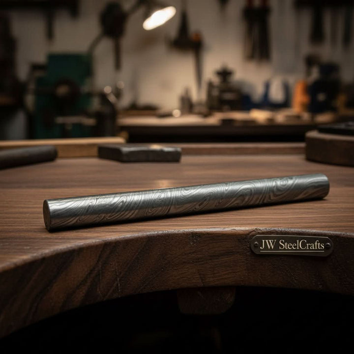 Damascus Steel Round Billet Rod For Guard , Rings And Jewelery Making/ Raw Materials for Jewelery DK - 0126 handmade Metal rode for craft by JW SteelCrafts