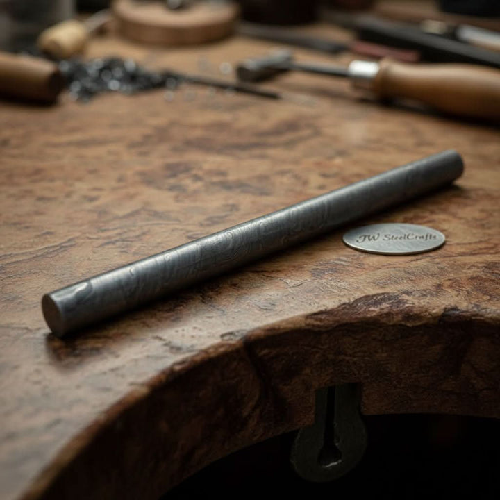 Damascus Steel Round Billet Rod For Guard , Rings And Jewelery Making/ Raw Materials for Jewelery DK - 0126 handmade Metal rode for craft by JW SteelCrafts