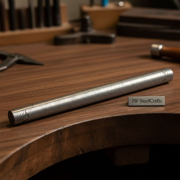Damascus Steel Round Billet Rod For Guard , Rings And Jewelery Making/ Raw Materials for Jewelery DK - 0126 handmade Metal rode for craft by JW SteelCrafts