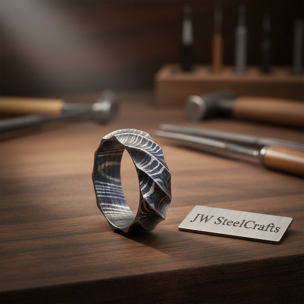 Damascus Steel Tumbled Rock Twist Men Ring, Made Wedding Engagement DE - 006 handmade Ring by JW SteelCrafts