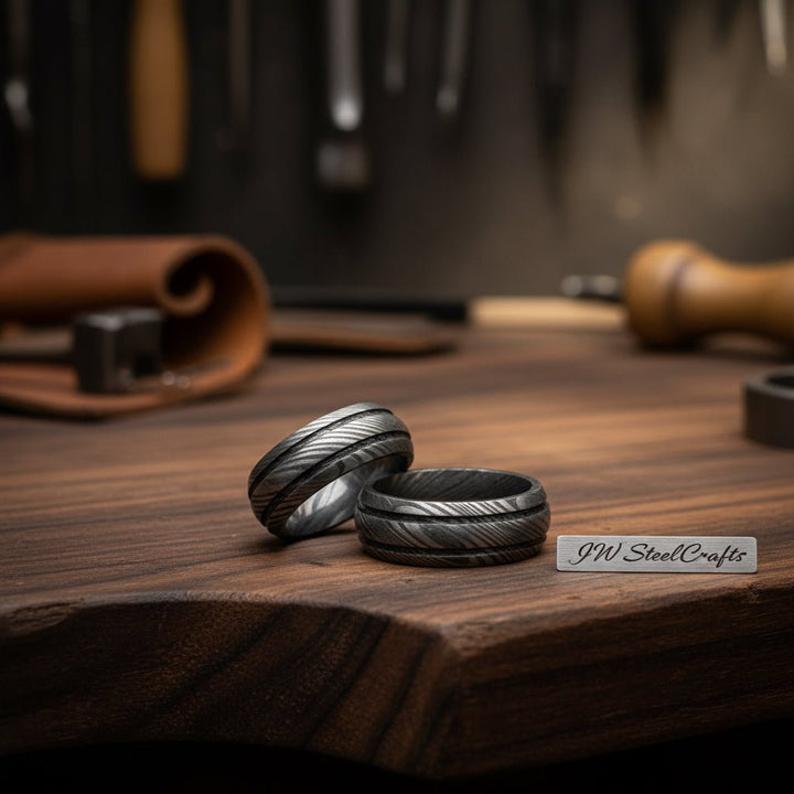 Handmade Damascus Steel Wedding Ring With Instep Men Engagement /Perfect Gift handmade Ring by JW SteelCrafts
