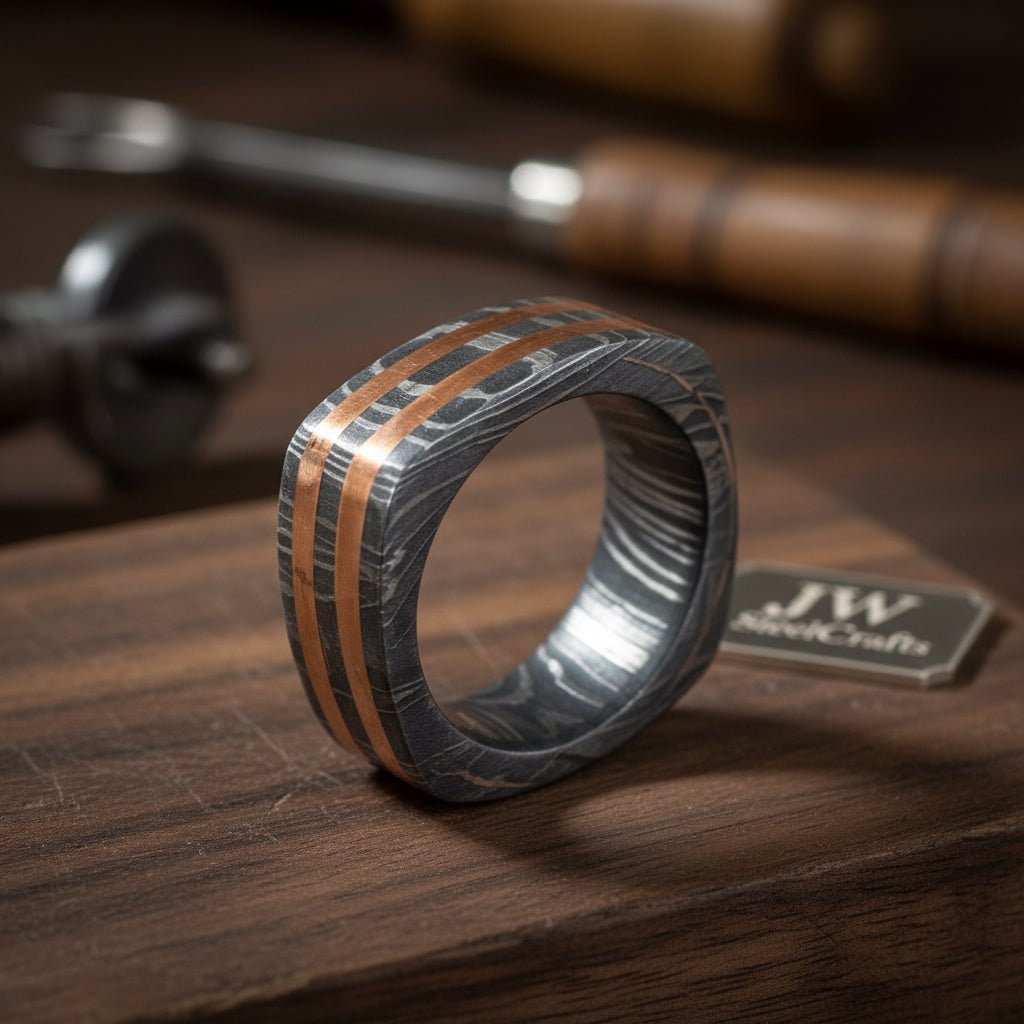 Custom Handmade Damascus Steel With Copper Wedding Ring/ Engagement Gift / Wedding Band /Perfect Gift handmade Knife by JW SteelCrafts