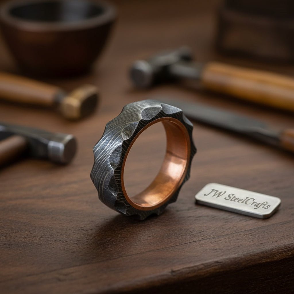 Custom Handmade Damascus Steel With Copper Mixed Wedding Ring Pair / Engagement Gift / Wedding Band /Perfect Gift DE - 0034 handmade Ring by JW SteelCrafts