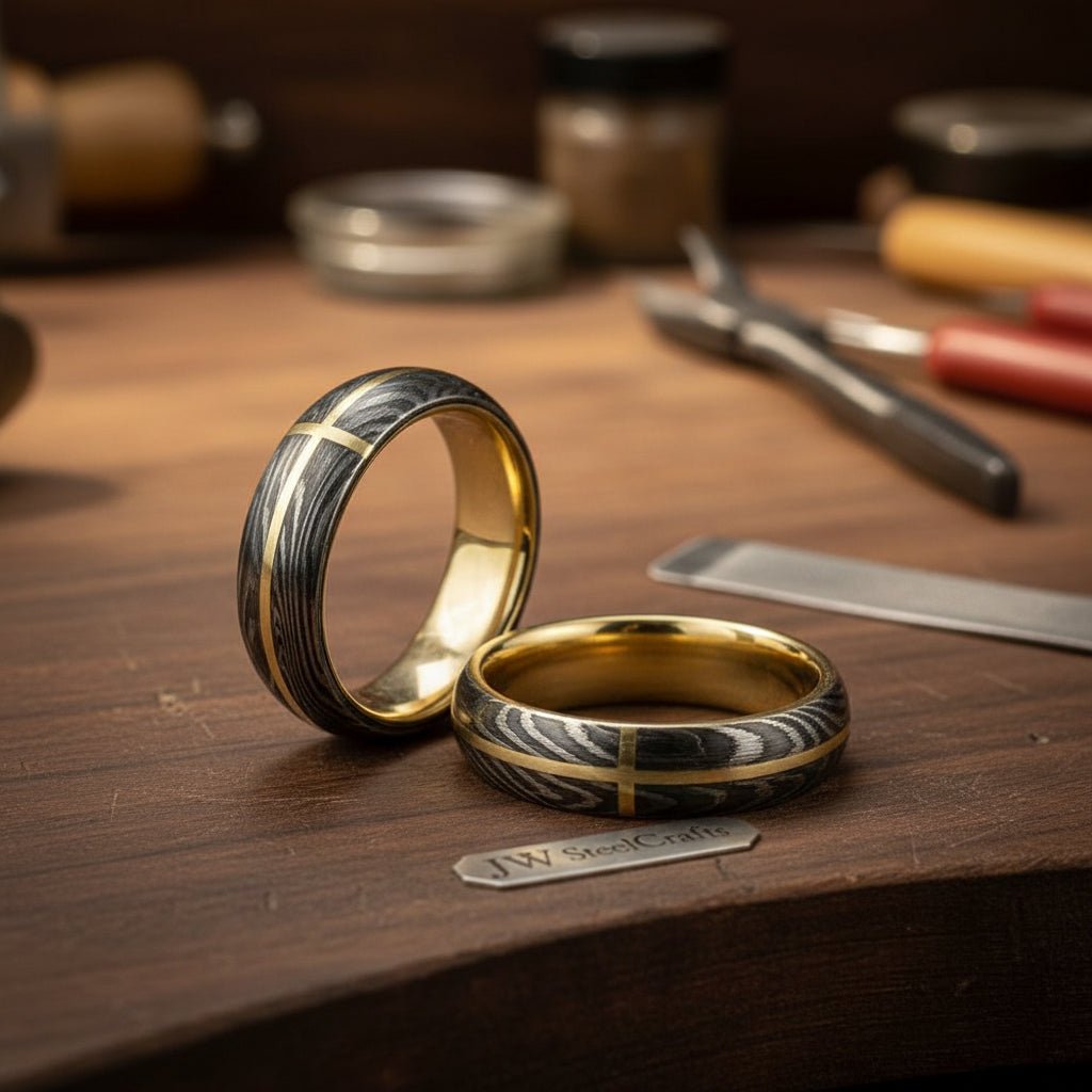 Custom Handmade Damascus Steel Brass Mixed Wedding Rings Pair / Engagement Gift / Wedding Band /Perfect Gift DE - 0036 handmade Ring by JW SteelCrafts