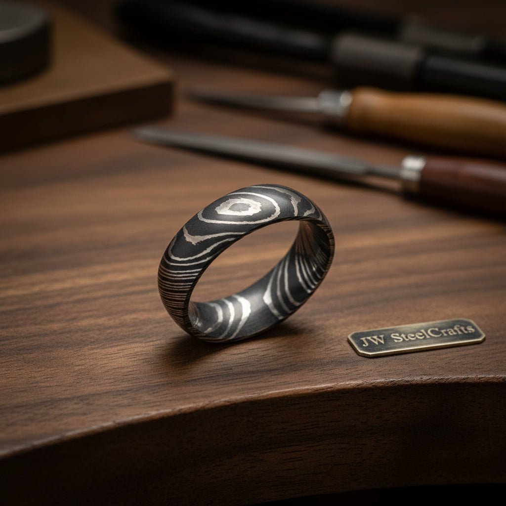 DE - 003 Custom handmade Damascus Knife - Beautiful Damascus steel hand Forged Ring/ Wedding Ring / Perfect gif handmade Ring by JW SteelCrafts