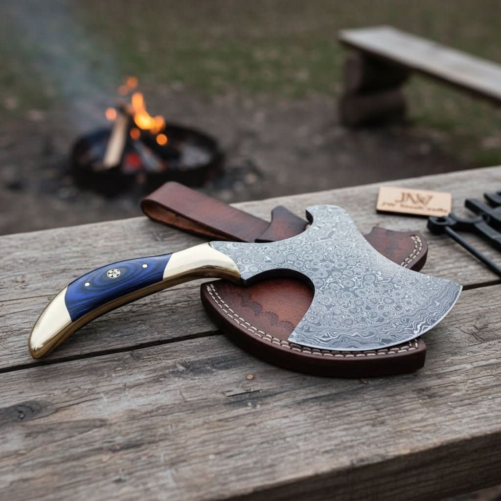 Falcon-themed Norse survival tool featuring artistic Damascus engravings and smooth ivory-blue axe grip.