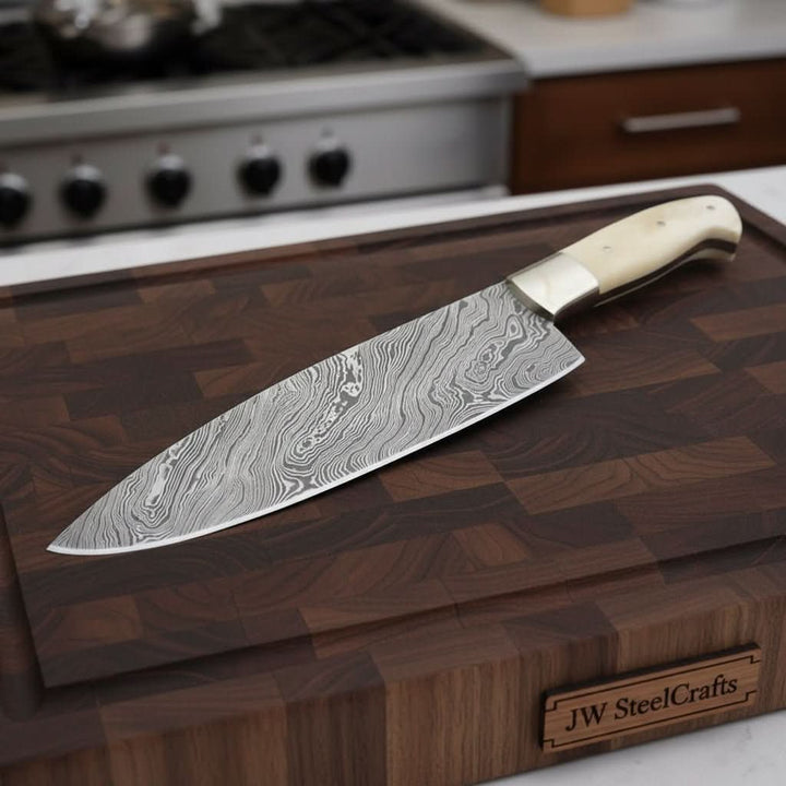     Exhibiting fine Damascus craftsmanship, the chef knife rests on a premium hardwood board.