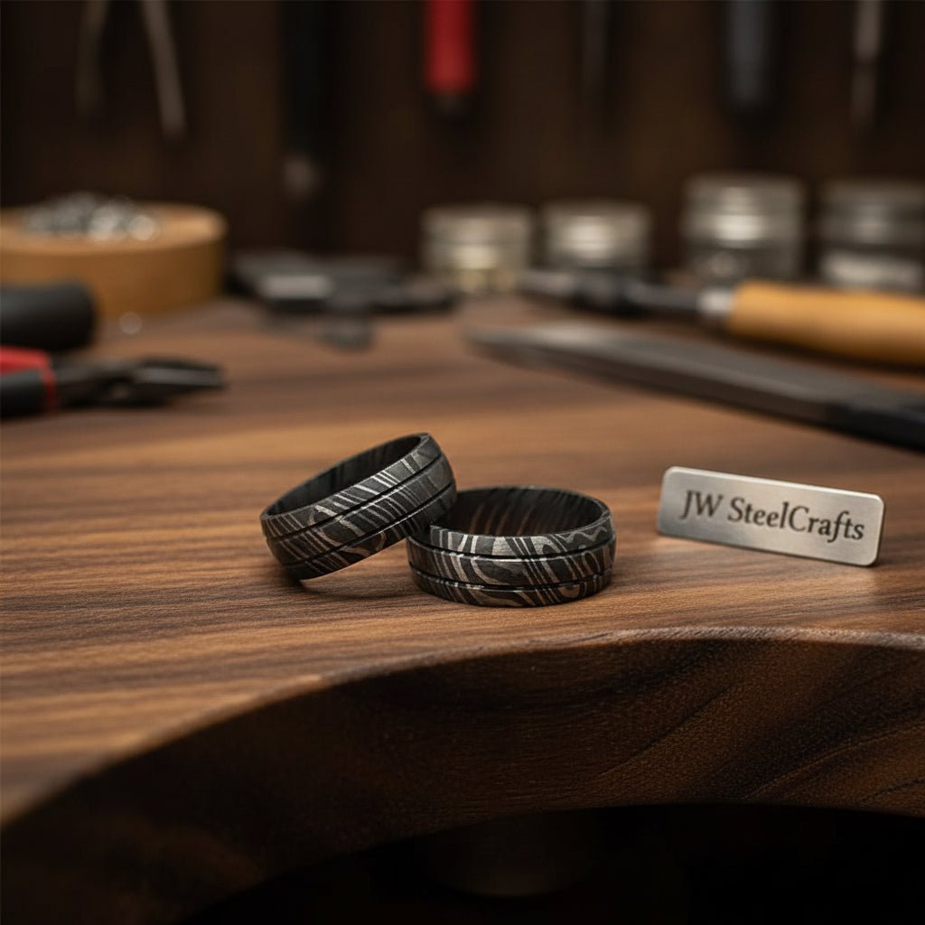 Full Handmade Damascus Steel Dual lines Dome Engagement/Wedding Ring Unisex 1pc DE - 0010 handmade Ring by JW SteelCrafts