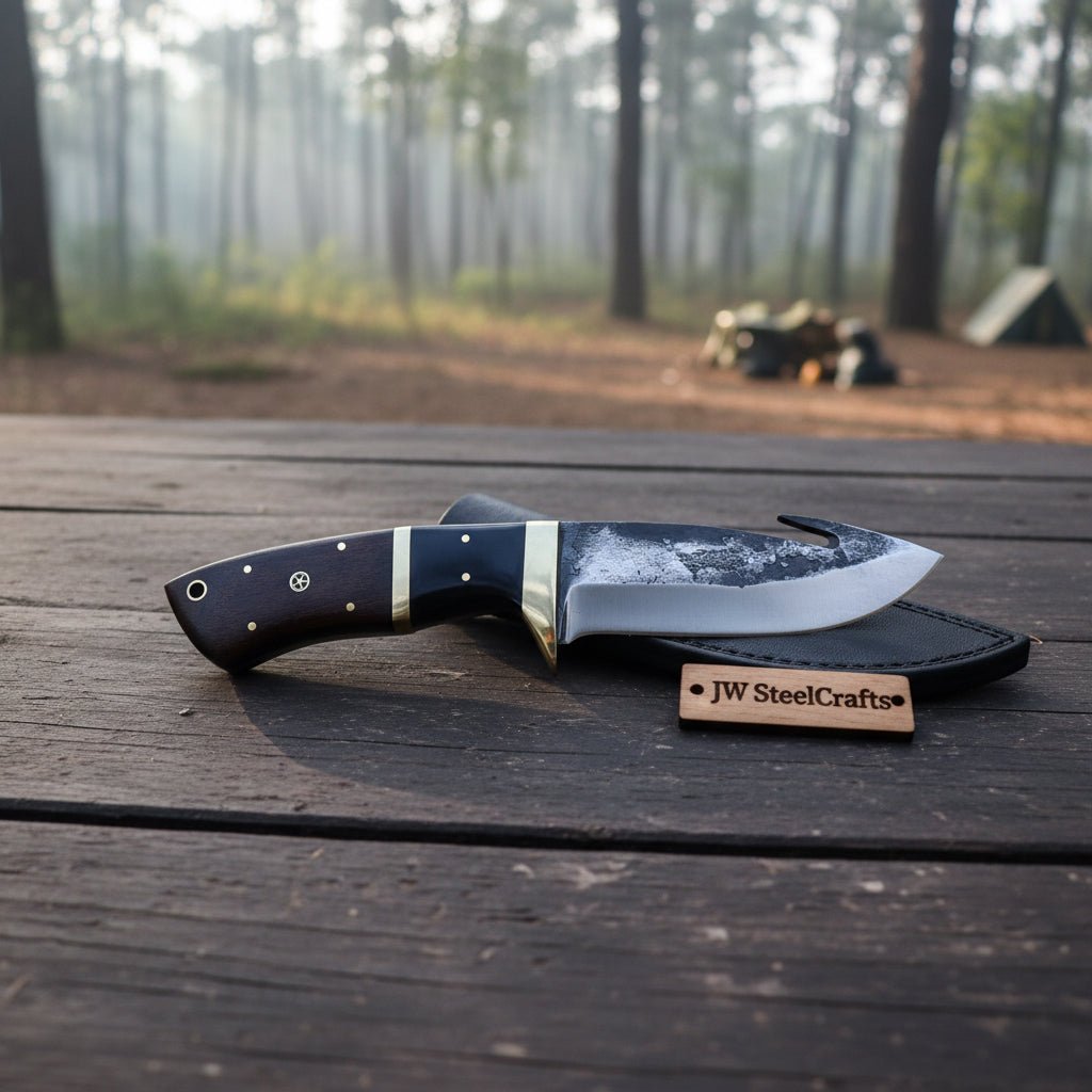 Gut hook knife with wood and brass handle. handmade Handmade Gut Hook Knives by JW SteelCrafts